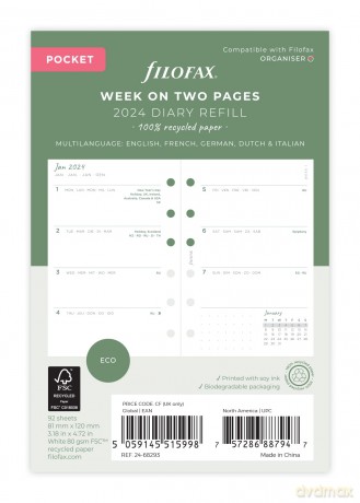 Filofax Pocket Eco Week on Two Pages 2024 diary with tabs,White [KSIĄŻKA]