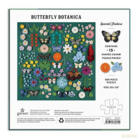 Galison 9780735369702 Butterfly Botanica 500 Puzzle with Shaped Pieces - Galison Mudpuppy [PUZZLE]