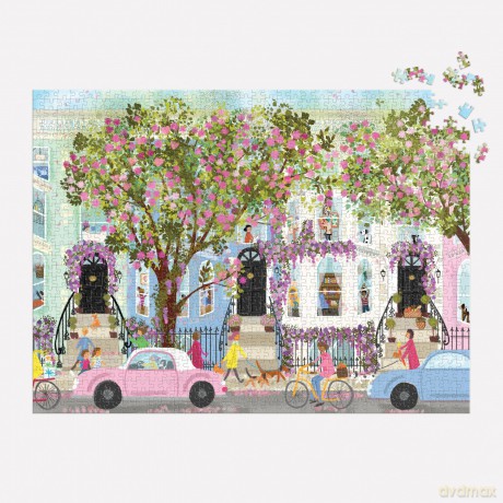 Galison Springtime Terrace - 1000 Piece Joy Laforme Puzzle Featuring a Magnolia Filled Neighborhood Day On A Spring Day - Galison [PUZZLE]
