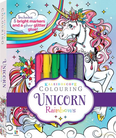 Hinkler - Kaleidoscope Colouring Kit - Unicorn Rainbows - Unicorn Art and Craft Activity for Ages 6 Years to Adults - Girls Colouring Book with 5 Colouring Pens and Glitter Glue - Hinkler Pty Ltd [KSIĄŻKA]