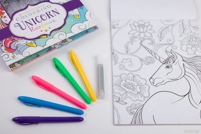Hinkler - Kaleidoscope Colouring Kit - Unicorn Rainbows - Unicorn Art and Craft Activity for Ages 6 Years to Adults - Girls Colouring Book with 5 Colouring Pens and Glitter Glue - Hinkler Pty Ltd [KSIĄŻKA]