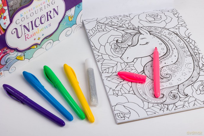 Hinkler - Kaleidoscope Colouring Kit - Unicorn Rainbows - Unicorn Art and Craft Activity for Ages 6 Years to Adults - Girls Colouring Book with 5 Colouring Pens and Glitter Glue - Hinkler Pty Ltd [KSIĄŻKA]