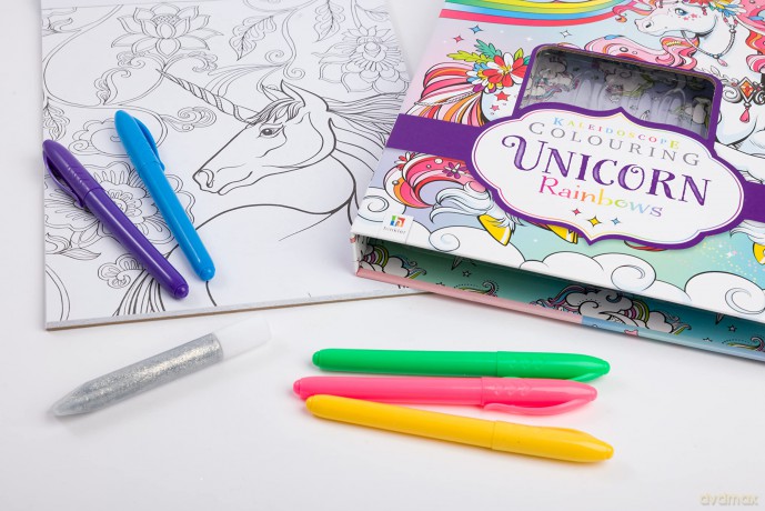 Hinkler - Kaleidoscope Colouring Kit - Unicorn Rainbows - Unicorn Art and Craft Activity for Ages 6 Years to Adults - Girls Colouring Book with 5 Colouring Pens and Glitter Glue - Hinkler Pty Ltd [KSIĄŻKA]