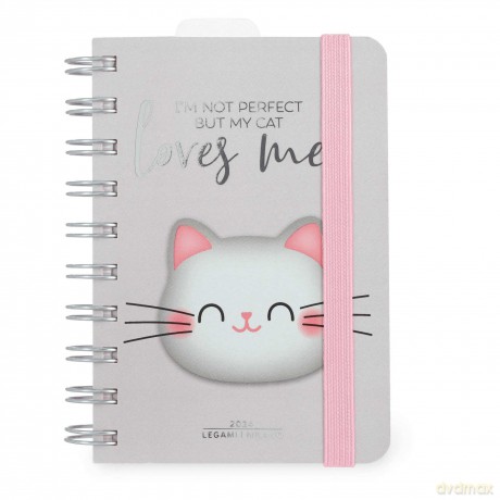 Legami - Small Spiral Daily Diary, 12 Months, from January 2024 to December 2024, Folding Planner 2024/2025, Elastic Closure, Final Pocket, Address Book, 8.5x13 cm, Kitty Theme [KSIĄŻKA]