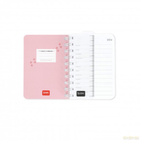Legami - Small Spiral Daily Diary, 12 Months, from January 2024 to December 2024, Folding Planner 2024/2025, Elastic Closure, Final Pocket, Address Book, 8.5x13 cm, Kitty Theme [KSIĄŻKA]