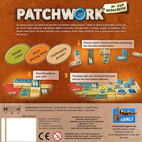 Lookout Games | Patchwork | Board Game | Ages 8+ | 2 Players | 15-30 Minute Playing Time, Multicoloured, 7.87 x 1.77 x 7.87 inches [KSIĄŻKA]