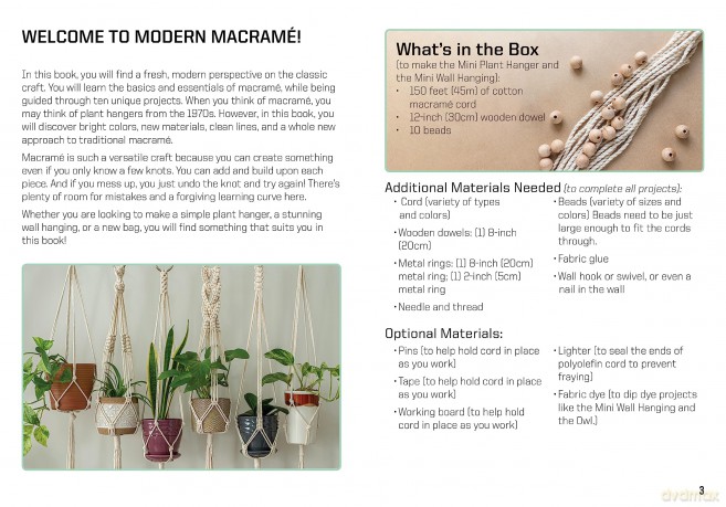 Modern Macramé at Home: Learn to Macramé and Create Handwoven Gifts - Kit Includes: 50 Yards (45m) of Cotton Macramé Cord, 10 Wooden Beads and Dowel, Instruction Book - Justine Vasquez [KSIĄŻKA]