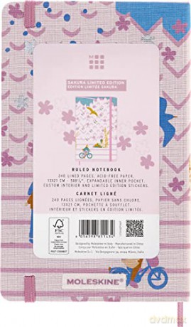 Moleskine Limited Edition Notebook, Sakura Notebook, Lined Layout and Fabric Hardcover, Large 13 x 21 cm, Bicycle Theme and Dark Pink Colour - Moleskine [KSIĄŻKA]