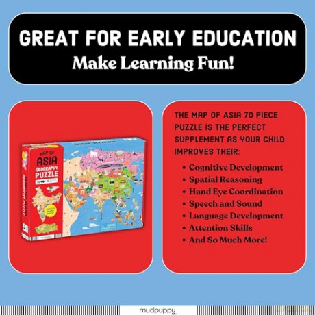 Mudpuppy Map Of Asia - 70 Piece Geography Puzzle with Country-Shaped Pieces and Colorful Illustrations of Iconic Landscapes Cultural Items And More For Children Ages 5 and Up - Mudpuppy [PUZZLE]