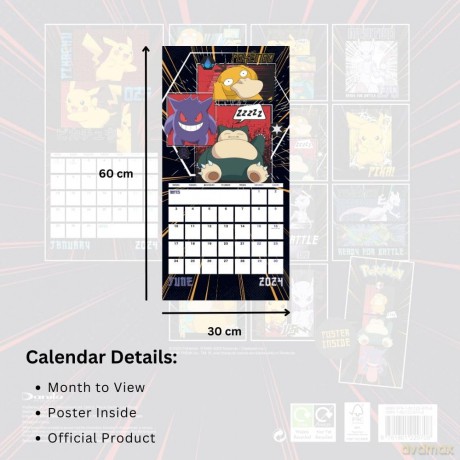 Pokemon 2024 Calendar, Month To View Square Wall Calendar, Official Product - Danilo Promotions Ltd [KALENDARZ]