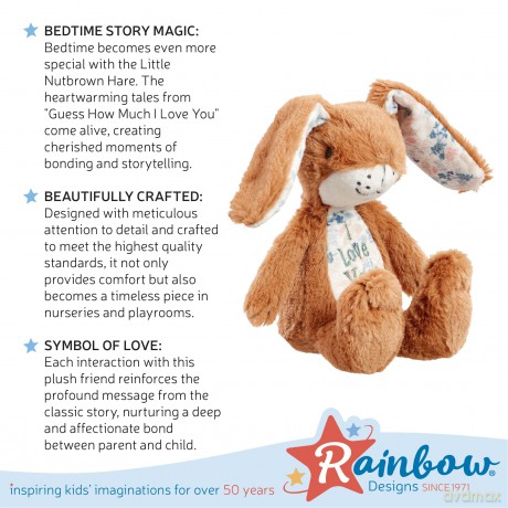 Rainbow Designs Little Nutbrown Hare Toy Rabbit - Adorable Soft Bunny Teddy from Classic Children's Book Guess How Much I Love You, Plush Velvet Ears, Embroidered 'I Love You' Motif
