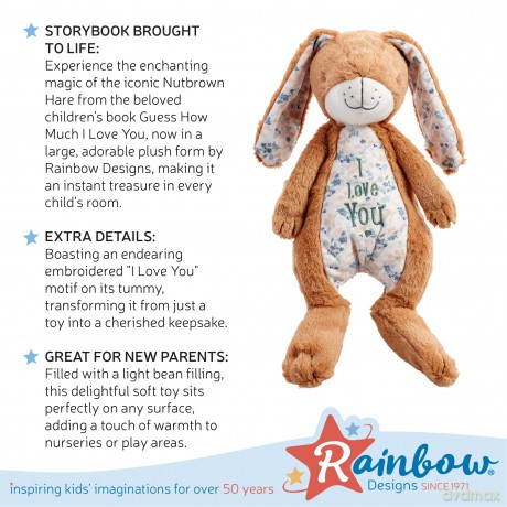 Rainbow Designs New Large Nutbrown Hare Toy Rabbit - Adorable Soft Bunny Teddy from Classic Children's Book Guess How Much I Love You, Plush Velvet Ears, Embroidered 'I Love You' Motif