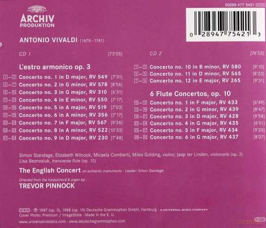 Pinnock,The English Concert: Vivaldi:L'estro Armonico Op.3, 6 Flute [CD]