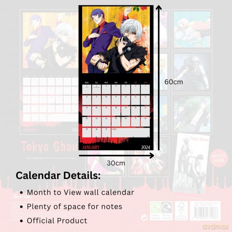 Tokyo Ghoul 2024 Calendar, Month To View Square Wall Calendar, Official Product - Danilo Promotions Ltd [KALENDARZ]
