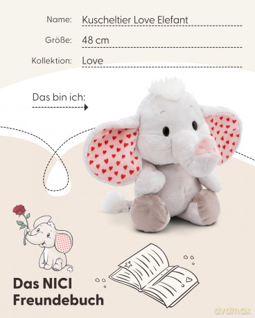 Soft toy Love elephant light grey 48cm dangling GREEN