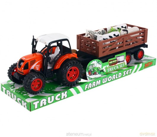 Traktor z przyczepą i zwierzętami
