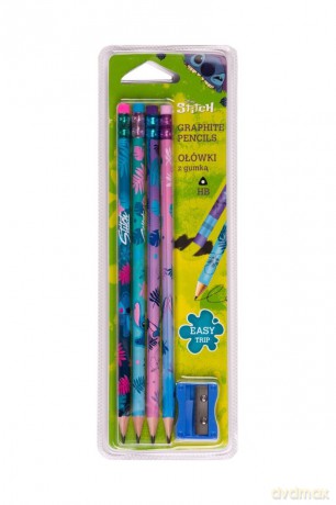 Ołówki trójkątne z gumką temperówka Disney Core Stitch blister 4 szt.