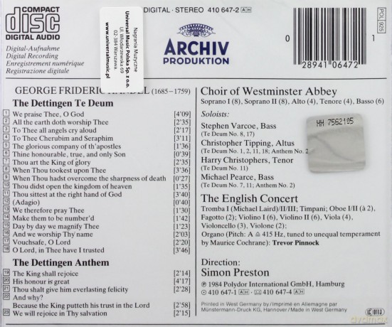 Preston Ec Pinnock: Handel:The Dettingen Te Deum [CD]