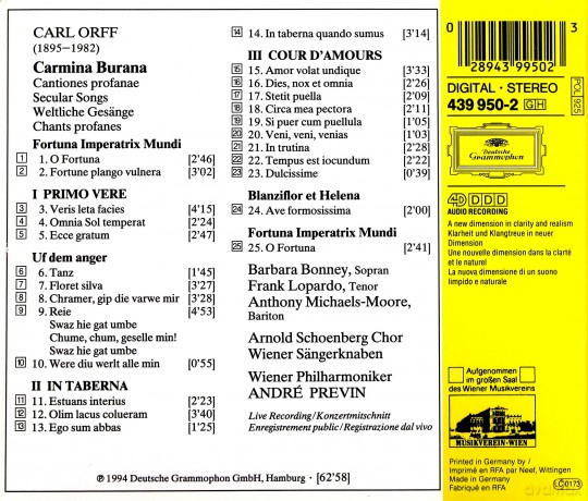Previn: Orff Carmina Burana [CD]