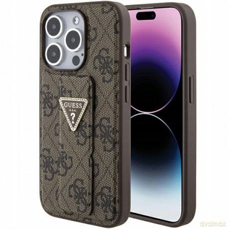 Etui Guess Grip Stand 4G Triangle Strass na iPhone 15 Pro Max - brązowe