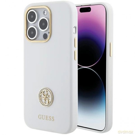 Etui Guess Silicone Logo Strass 4G na iPhone 15 Pro Max - białe