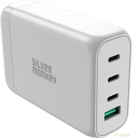Ładowarka GaN Silver Monkey SMA152 130W 3xUSB-C PD USB-A QC 3.0 z odłączanym kablem zasilającym - biała