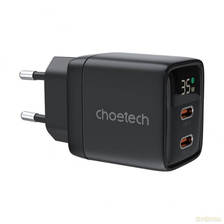 Ładowarka sieciowa Choetech PD6051 USB-C USB-C PD 35W GaN z wyświetlaczem - czarna