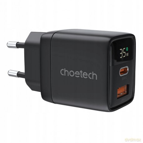 Ładowarka sieciowa Choetech PD6052 USB-C USB-A PD 35W GaN z wyświetlaczem - czarna