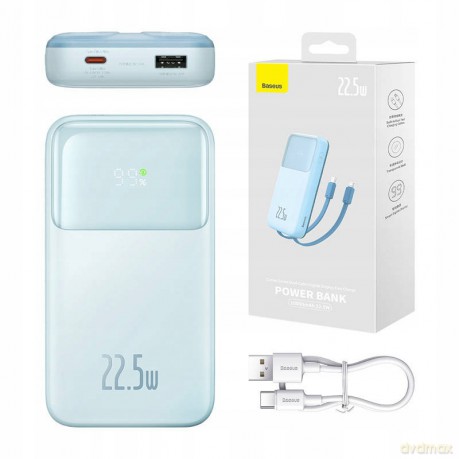 Powerbank Baseus Comet Series z wyświetlaczem 10000mAh 22.5W - niebieski + kabel USB-A - USB-C 0.3m - biały