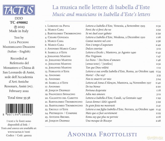 Anonima Frottolisti: Anonima Frottolisti - La Musica Nelle Lettere Di Isabella D'Este [CD]