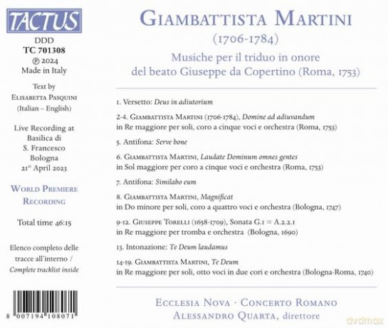 Giambattista Martini - Musiche Per Triduo In Onore Del Beato Da Copertino [CD]
