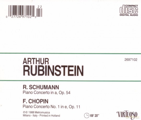 Arthur Rubinstein: Piano Concerto In A, Op. 54 Piano Concerto No. 1 In E, Op. 11 [CD]