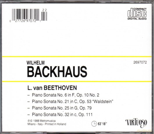 Wilhelm Backhaus: Piano Sonatas Nos. 6 21 25 32 [CD]