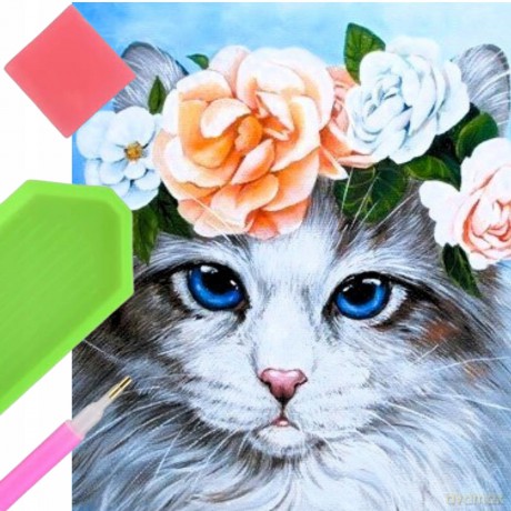 Diamentowa mozaika Kot w diademie z kwiatami 30x40cm 1009995