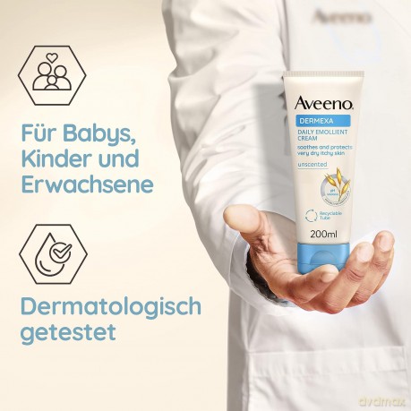 Aveeno Dermexa Tägliche Emollentien Creme (200 ml), Körperlotion für sehr trockene Haut, die zu Ekzemen neigt, natürliche Hautpflege mit Hafer und Ceramiden, vegan*