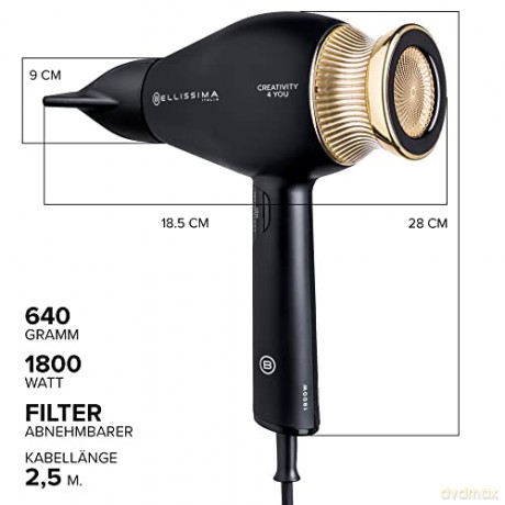 Bellissima Creativity 4 You Professioneller Haartrockner, 4 Zubehörteile, Diffusor, intelligente Temperaturregelung, Ionentechnologie, Beauty-Tasche, 2 Geschwindigkeiten, 3 Temperaturen, 1800 W