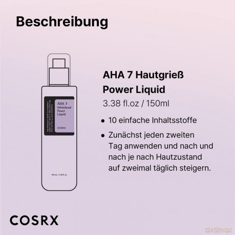 COSRX AHA 7 Whitehead Power Liquid, 100 ml, Whitehead Remover, Glycolsäure 7%, AHA Peeling, Porenminimizer, koreanische Hautpflege, frei von Tierversuchen, Parabenen