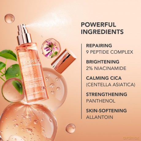 FOREO SUPERCHARGED Hautbarriere erneuerndes Essenz-Spray, 110ml - kollagenverstärkende Feuchtigkeitsspray Gesicht - Kollagenpeptide, Niacinamid, Centella Asiatica, Panthenol - Spray für alle Hauttypen