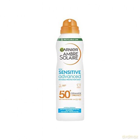 Garnier Ambre Solaire SPF 50+ Sensitive Advanced Dry Mist Sonnencreme-Spray, wasserfester und nicht fettender Sonnenschutz, parfümfrei, UVA- und UVB-Schutz, von Cruelty Free International anerkannt,