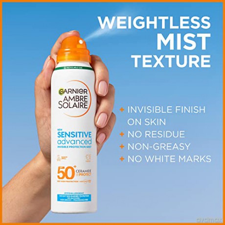 Garnier Ambre Solaire SPF 50+ Sensitive Advanced Dry Mist Sonnencreme-Spray, wasserfester und nicht fettender Sonnenschutz, parfümfrei, UVA- und UVB-Schutz, von Cruelty Free International anerkannt,