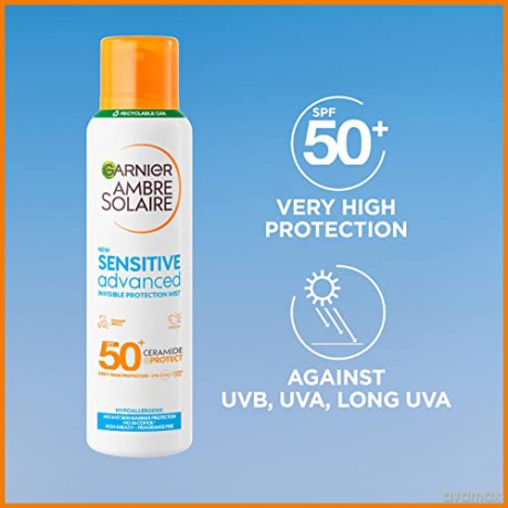 Garnier Ambre Solaire SPF 50+ Sensitive Advanced Dry Mist Sonnencreme-Spray, wasserfester und nicht fettender Sonnenschutz, parfümfrei, UVA- und UVB-Schutz, von Cruelty Free International anerkannt,