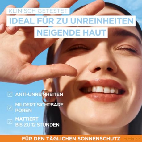 Garnier UV-Sonnenschutzfluid für zu Unreinheiten neigende Haut, Sehr hoher Sonnenschutz mit LSF 50+, Unsichtbares Finish, Ambre Solaire Super UV Niacinamide Daily Fluid, 1 x 40 ml