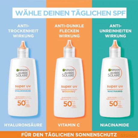 Garnier UV-Sonnenschutzfluid für zu Unreinheiten neigende Haut, Sehr hoher Sonnenschutz mit LSF 50+, Unsichtbares Finish, Ambre Solaire Super UV Niacinamide Daily Fluid, 1 x 40 ml