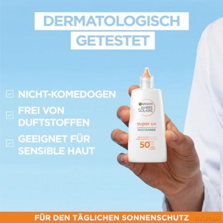 Garnier UV-Sonnenschutzfluid für zu Unreinheiten neigende Haut, Sehr hoher Sonnenschutz mit LSF 50+, Unsichtbares Finish, Ambre Solaire Super UV Niacinamide Daily Fluid, 1 x 40 ml
