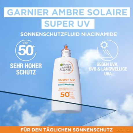 Garnier UV-Sonnenschutzfluid für zu Unreinheiten neigende Haut, Sehr hoher Sonnenschutz mit LSF 50+, Unsichtbares Finish, Ambre Solaire Super UV Niacinamide Daily Fluid, 1 x 40 ml