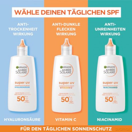 Garnier UV-Sonnenschutzfluid gegen dunkle Flecken, Sehr hoher Sonnenschutz mit LSF 50+, Unsichtbares Finish, Ambre Solaire Super UV Vitamin C Daily Fluid, 1 x 40 ml