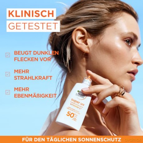 Garnier UV-Sonnenschutzfluid gegen dunkle Flecken, Sehr hoher Sonnenschutz mit LSF 50+, Unsichtbares Finish, Ambre Solaire Super UV Vitamin C Daily Fluid, 1 x 40 ml