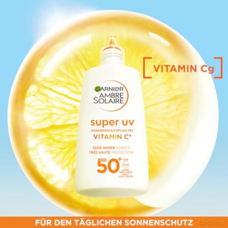 Garnier UV-Sonnenschutzfluid gegen dunkle Flecken, Sehr hoher Sonnenschutz mit LSF 50+, Unsichtbares Finish, Ambre Solaire Super UV Vitamin C Daily Fluid, 1 x 40 ml