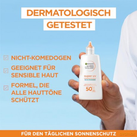Garnier UV-Sonnenschutzfluid gegen dunkle Flecken, Sehr hoher Sonnenschutz mit LSF 50+, Unsichtbares Finish, Ambre Solaire Super UV Vitamin C Daily Fluid, 1 x 40 ml