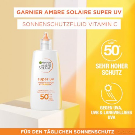 Garnier UV-Sonnenschutzfluid gegen dunkle Flecken, Sehr hoher Sonnenschutz mit LSF 50+, Unsichtbares Finish, Ambre Solaire Super UV Vitamin C Daily Fluid, 1 x 40 ml